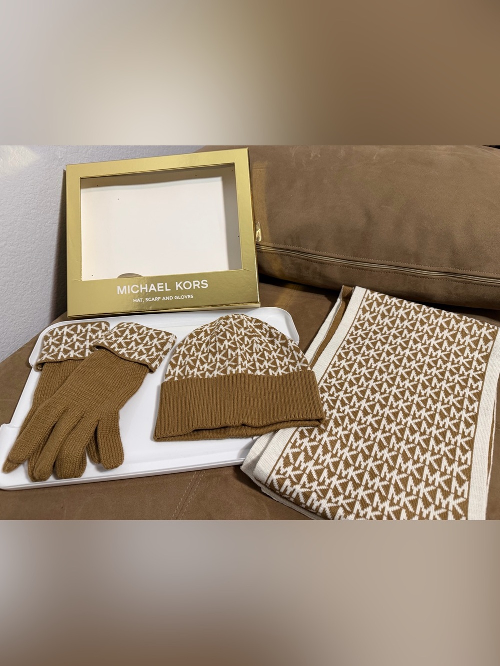 Michael Kors Tan & White Logo Knit Hat, Scarf and Mittens Set